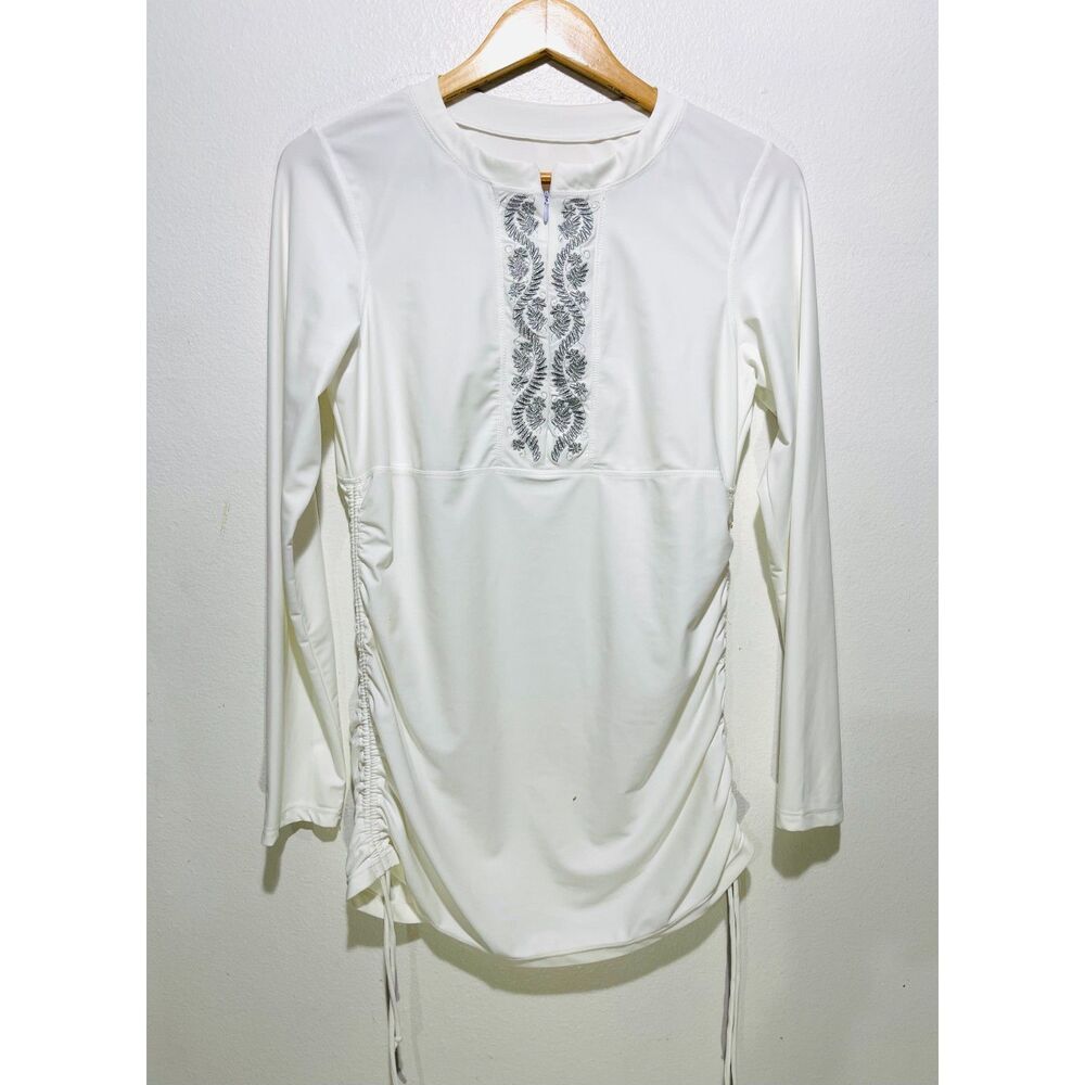 Activewear outdoors top beach cover silver embroidered spandex stretch women M
